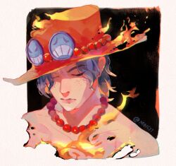 1boy black_background black_hair closed_eyes closed_mouth commentary fire freckles hat jewelry male_focus mo15271 necklace one_piece orange_hat pearl_necklace portgas_d._ace short_hair solo symbol-only_commentary topless_male twitter_username upper_body