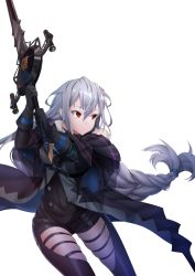 Rule 34 | 1girl, arknights, arm up, bare shoulders, black gloves, black pants, black shirt, braid, clothing cutout, gloves, hair between eyes, hand up, holding, holding sword, holding weapon, long hair, long sleeves, looking away, looking to the side, pants, red eyes, shirt, silver hair, simple background, single braid, skadi (arknights), skadi (elite ii) (arknights), skindentation, sleeveless, sleeveless shirt, solo, sword, thigh cutout, very long hair, weapon, white background, xo (xo17800108)