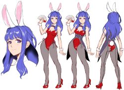 Rule 34 | 1girl, animal ears, ass, bare shoulders, blue eyes, blue hair, breasts, card, character sheet, cleavage, commentary, concept art, curvy, detached collar, earrings, fake animal ears, female focus, full body, high heels, highres, holding, jewelry, leotard, long hair, looking at viewer, lovina (taimanin asagi battle arena), medium breasts, multiple views, pantyhose, playboy bunny, rabbit ears, rabbit tail, simple background, standing, strapless, strapless leotard, tail, taimanin (series), taimanin asagi kessen arena, turnaround, white background, wrist cuffs, zol