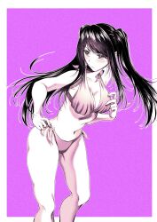 Rule 34 | 1girl, alternate breast size, alternate costume, an&#039;no natsume, bare shoulders, bikini, blush, border, breasts, cleavage, closed mouth, commentary request, cowboy shot, hand on own hip, highres, jill stingray, large breasts, limited palette, long sleeves, looking to the side, medium breasts, navel, purple background, side-tie bikini bottom, solo, standing, stomach, swimsuit, two-tone background, va-11 hall-a, white background, white border