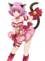 Rule 34 | 1girl, animal ears, bare shoulders, bell, boots, cat ears, cat girl, cat tail, choker, commentary request, detached sleeves, dress, fpminnie1, frilled dress, frills, gloves, hair between eyes, happy, highres, jingle bell, knee boots, looking at viewer, magical girl, mew ichigo, momomiya ichigo, pink choker, pink dress, pink eyes, pink hair, pink theme, red gloves, red ribbon, ribbon, short sleeves, simple background, sketch, smile, solo, standing, strapless, strapless dress, tail, tail bell, tail ornament, tail raised, tail ribbon, tokyo mew mew, white background