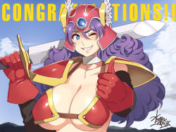 Rule 34 | breasts, chunsoft, dragon quest, dragon quest iii, english text, enix, gloves, helmet, large breasts, purple hair, smile, soldier (dq3), sword, weapon
