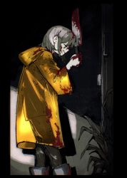 Rule 34 | 1girl, absurdres, black pants, blood, blood in hair, blood on clothes, blood on face, blood on hands, bloody knife, closed eyes, from side, grey hair, highres, holding, holding knife, hood, hood down, inari1369, interlocked fingers, knife, long sleeves, open mouth, original, own hands together, pants, pillarboxed, raincoat, see-through, short hair, solo, standing, yellow raincoat