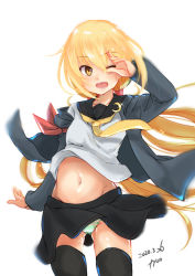 Rule 34 | 1girl, black serafuku, black thighhighs, blonde hair, blush, breasts, crescent, crescent pin, fyuo, hair between eyes, hair ornament, highres, kantai collection, long hair, long sleeves, looking at viewer, low twintails, navel, neckerchief, necktie, one eye closed, open mouth, panties, satsuki (kancolle), satsuki kai ni (kancolle), school uniform, serafuku, simple background, skirt, smile, solo, striped clothes, striped panties, thighhighs, twintails, underwear, white background, wind, wind lift, yellow eyes