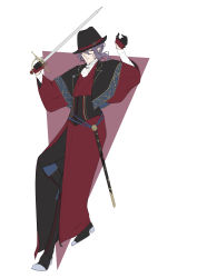 Rule 34 | 1boy, absurdres, ascot, black footwear, black gloves, black hat, boots, cross-laced footwear, food fantasy, full body, gloves, hat, highres, holding, holding sword, holding weapon, knee boots, looking at viewer, male focus, medium hair, midori-na-orera, pointy ears, purple hair, red wine (food fantasy), sheath, simple background, solo, standing, standing on one leg, sword, weapon, white ascot, wide sleeves
