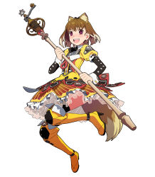 Rule 34 | 1girl, animal ears, blush, boots, brown eyes, brown hair, dog ears, dog tail, dress, knee boots, open mouth, original, shiwasu takashi, short hair, simple background, solo, staff, tail, white background