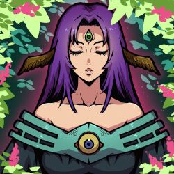 Rule 34 | 1girl, akairiot, bare shoulders, blue eyes, colored sclera, dress, duel monster, eyelashes, closed eyes, flower, green sclera, highres, leaf, long hair, off-shoulder dress, off shoulder, parted lips, pink flower, plant, purple hair, solo, third eye, upper body, witch of the black forest, yu-gi-oh!