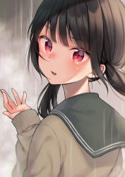 Rule 34 | 1girl, black hair, blush, brown cardigan, cardigan, commentary request, crying, crying with eyes open, fang, green sailor collar, hand up, head tilt, long hair, long sleeves, looking at viewer, looking back, low twintails, midorikawa you, original, parted lips, rain, red eyes, sailor collar, sleeves past wrists, solo, tears, twintails
