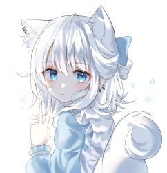 Rule 34 | 1girl, absurdres, animal ear fluff, animal ears, bad id, bad pixiv id, blue eyes, bow, ear piercing, earrings, extra ears, fang, fang out, fox ears, fox girl, fox tail, gauze, hair bow, highres, jewelry, light smile, looking at viewer, original, piercing, short hair, skin fang, tail, v, white hair, yagen (user mxur3238)