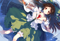 Rule 34 | 1girl, afloat, arm cannon, between breasts, black wings, bloomers, blush, bow, breasts, brown hair, cape, cleavage, collarbone, floating, floating hair, hair bow, highres, ke-ta, large breasts, long hair, looking at viewer, no bra, partially submerged, red eyes, reiuji utsuho, shirt, short sleeves, skirt, solo, third eye, touhou, underwear, water, weapon, wet, wet clothes, wet shirt, white bloomers, wings