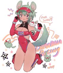 Rule 34 | 1girl, animal, ashton marten (vtuber), blue eyes, borrowed character, breasts, checkered flag, chinchilla (animal), chinchilla ears, chinchilla girl, chinchilla tail, cleavage cutout, clothing cutout, elbow gloves, english text, flag, full body, gloves, green hair, hands up, hat, headset, indie virtual youtuber, kneeling, lapithai, leotard, looking at viewer, medium breasts, medium hair, microphone, o-ring, open mouth, red footwear, red gloves, red hat, red leotard, roller skates, simple background, sitting, skates, sleeveless, solo, star (symbol), virtual youtuber, visor cap, wariza, white background