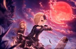 Rule 34 | 2girls, artist request, belt, black gloves, black legwear, black skirt, blonde hair, bow, breasts, brown eyes, brown hair, chain, choker, closed mouth, cloud, dutch angle, earrings, evening, gloves, grass, hair over one eye, highres, idolmaster, idolmaster cinderella girls, idolmaster cinderella girls starlight stage, jewelry, leaf, long hair, looking at viewer, matsunaga ryo, multiple girls, official art, open mouth, outdoors, shirasaka koume, short hair, skirt, sky, small breasts, smile, standing, thigh strap, thighhighs, tombstone, tree, twilight