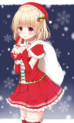 Rule 34 | 1girl, bad id, bad pixiv id, bell, blonde hair, blush, braid, capelet, christmas, corset, cowboy shot, fur-trimmed gloves, fur-trimmed legwear, fur trim, gloves, hair bell, hair ornament, hair ribbon, hands up, hat, highres, holding, kinakon, original, parted lips, pink eyes, pleated skirt, red gloves, red ribbon, red skirt, red thighhighs, ribbon, sack, santa costume, santa hat, skirt, snow, snowflakes, solo, striped ribbon, thighhighs, twin braids