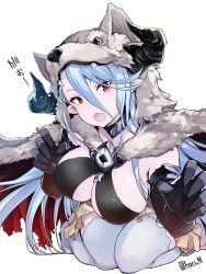 Rule 34 | 1girl, alternate costume, animal ears, animal hood, artist name, berserker (granblue fantasy), black gloves, blue hair, blush, breasts, cleavage, commentary request, detached collar, draph, fangs, gloves, granblue fantasy, hair between eyes, highres, hood, horns, izmir, kneeling, large breasts, leaning forward, long hair, looking at viewer, mole, mole under mouth, nino (shira), open mouth, pelt, pointy ears, red eyes, simple background, solo, thighs, very long hair, white background, white legwear