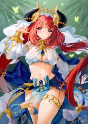 Rule 34 | 1girl, blue eyes, blush, breasts, brooch, genshin impact, hand up, highres, horns, jewelry, large breasts, long hair, looking at viewer, navel, nilou (genshin impact), obiwan, pelvic curtain, puffy sleeves, red hair, signature, solo, thighlet, thighs, weisuoxin, white headwear