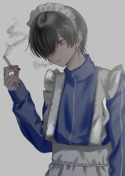 Rule 34 | 1boy, absurdres, apron, bad id, bad pixiv id, bags under eyes, black hair, black nails, blue track suit, chain, chain earrings, cigarette, cross, cross earrings, earrings, grey background, grey eyes, hair over one eye, highres, holding, holding cigarette, jewelry, long sleeves, maid apron, maid headdress, mole, mole under eye, nail polish, nia (x x02), original, piercing, pursed lips, short hair, smoking, solo