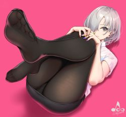 Rule 34 | 1girl, black pantyhose, closed mouth, collared shirt, commentary request, feet, fingernails, foot focus, foreshortening, full body, grey eyes, hair over one eye, infinote, legs up, lips, looking at viewer, lying, multicolored nails, nail polish, no shoes, on back, original, panties, panties under pantyhose, pantyhose, sashou mihiro (infinote), shirt, short hair, short sleeves, signature, silver hair, simple background, skirt, smile, soles, solo, underwear, white shirt