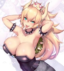 Rule 34 | 1girl, armlet, armpits, bare shoulders, black dress, blonde hair, bowsette, bracelet, breasts, cleavage, collar, crown, dress, earrings, green eyes, hair between eyes, horns, jewelry, large breasts, long hair, mario (series), new super mario bros. u deluxe, nidy, nintendo, ponytail, reflection, sharp teeth, spiked bracelet, spiked collar, spiked shell, spikes, strapless, strapless dress, super crown, teeth, tongue, tongue out, turtle shell