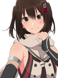 Rule 34 | 1girl, bare shoulders, blush, brown eyes, brown hair, brown necktie, closed mouth, detached sleeves, eyes visible through hair, hair between eyes, hair ornament, kantai collection, looking at viewer, necktie, rinto (rint rnt), sendai (kancolle), short hair, simple background, smile, solo, tassel, two side up, upper body, vest, white background