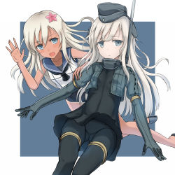 Rule 34 | 10s, 2girls, bare shoulders, black dress, blue eyes, crop top, cropped jacket, dress, dual persona, flower, garrison cap, gloves, hair flower, hair ornament, hat, headgear, kantai collection, long hair, looking at viewer, military, military hat, military uniform, multiple girls, open mouth, outside border, pale skin, pantyhose, puffy sleeves, ro-500 (kancolle), school swimsuit, swimsuit, swimsuit under clothes, tan, u-511 (kancolle), uniform, white hair, yakob labo