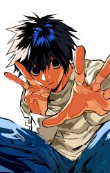 Rule 34 | 1boy, bags under eyes, black eyes, black hair, commentary request, corrupted twitter file, death note, denim, hair between eyes, highres, jeans, l (death note), long sleeves, looking at viewer, male focus, outstretched arm, pants, reaching, reaching towards viewer, short hair, simple background, solo, v, xi luo an ya