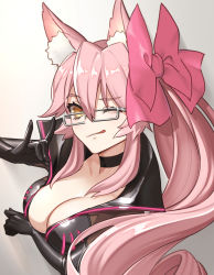 Rule 34 | 15melon, 1girl, animal ear fluff, animal ears, bad id, bad pixiv id, black bodysuit, blush, bodysuit, bow, breasts, center opening, choker, cleavage, fate/grand order, fate (series), fox ears, fox girl, fox shadow puppet, glasses, hair between eyes, hair bow, koyanskaya (assassin) (first ascension) (fate), koyanskaya (fate), large breasts, licking lips, long hair, looking at viewer, one eye closed, pink bow, pink hair, ponytail, sidelocks, smile, solo, tamamo (fate), tongue, tongue out, yellow eyes