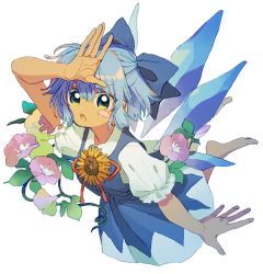 Rule 34 | 1girl, barefoot, blue bow, blue dress, blue hair, blush stickers, bow, cirno, dark-skinned female, dark skin, dress, fingernails, flower, flying, green eyes, hair bow, hand up, ice, ice wings, ka (marukogedago), looking at viewer, parted lips, pinafore dress, pink flower, puffy short sleeves, puffy sleeves, shirt, short sleeves, simple background, sleeveless dress, solo, tan, tanned cirno, touhou, white background, white shirt, wings