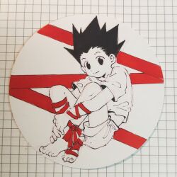 Rule 34 | 1boy, barefoot, black hair, child, commentary, gon freecss, highres, hunter x hunter, looking at viewer, male focus, mumian67053620, red ribbon, ribbon, simple background, smile, solo, spiked hair, symbol-only commentary