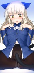 Rule 34 | 1girl, animal ears, black pantyhose, blonde hair, blush, cat ears, covering privates, covering crotch, crotch seam, unworn eyewear, glasses, highres, long hair, military, panties, panties under pantyhose, pantyhose, perrine h. clostermann, solo, spread legs, strike witches, suzume inui, tail, topless, underwear, uniform, white panties, world witches series, yellow eyes