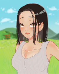 Rule 34 | 1girl, absurdres, architecture, bad id, bad pixiv id, black hair, blue sky, blush, breasts, cleavage, collarbone, east asian architecture, grass, grassy, grey tank top, highres, hill, hotaruikaumaine, looking at viewer, original, outdoors, plain, sky, sleeveless, summer, sweat, tank top, torii, yellow eyes