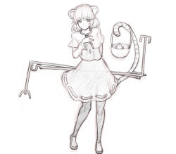 Rule 34 | 1girl, animal ears, arm behind back, basket, black pantyhose, capelet, female focus, hand on own chest, jewelry, kuro suto sukii, monochrome, mouse (animal), mouse ears, mouse tail, nazrin, necklace, pantyhose, short hair, sketch, smile, solo, tail, touhou, weather vane