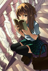 Rule 34 | 1girl, bag, black thighhighs, book, brown eyes, brown hair, covering face, covering own mouth, half updo, highres, holding, holding book, long hair, looking at viewer, original, plaid, plaid skirt, pleated skirt, school uniform, shoulder bag, sitting, sitting on stairs, skirt, solo, stairs, stk, thighhighs, zettai ryouiki