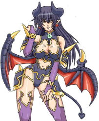 Rule 34 | 1girl, alternate skin color, armor, astaroth (shinrabanshou), bare shoulders, bat wings, black hair, black leotard, bracelet, breasts, breasts apart, bridal gauntlets, cleavage, clenched hand, clothing cutout, demon girl, demon tail, detached collar, earrings, eyebrows, faulds, hair between eyes, hand on own thigh, hand up, heart, heart cutout, heart earrings, hip focus, horns, jewelry, jpeg artifacts, large breasts, leaning, legs apart, leotard, long hair, navel, navel cutout, parted lips, pauldrons, pointy ears, purple thighhighs, red wings, shinrabanshou, shoulder armor, simple background, sketch, slit pupils, smile, solo, spikes, standing, strapless, strapless leotard, tail, thighhighs, turtleneck, white background, wings, yellow eyes