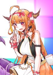 Rule 34 | 1girl, absurdres, ahoge, arm strap, blonde hair, bow, braid, breasts, clothing cutout, dragon girl, dragon horns, dragon tail, fang, hair bow, highres, hololive, horns, idol clothes, kiryu coco, large breasts, leaning forward, long hair, looking at viewer, multicolored hair, navel, navel cutout, official alternate costume, open mouth, orange hair, orange skirt, pointy ears, red bow, ryoshi, single braid, skin fang, skirt, solo, streaked hair, tail, v, virtual youtuber, wrist cuffs