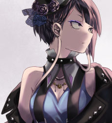 Rule 34 | 1girl, black hair, blue tank top, boku no hero academia, bow, choker, eyelashes, eyeliner, flowers in hair, hat ornament, jacket, jewelry, jirou kyouka, leather, leather jacket, looking to the side, makeup, neckerchief, necklace, tank top, upper body