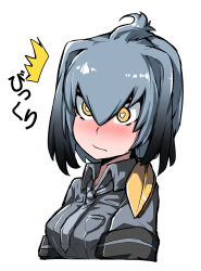 Rule 34 | 10s, 1girl, :/, ^^^, black hair, blush, breast pocket, closed mouth, collared shirt, commentary request, gradient hair, graphite (medium), grey hair, grey necktie, grey shirt, hair between eyes, heart, heart-shaped pupils, highres, kemono friends, long hair, looking afar, low ponytail, multicolored hair, necktie, orange hair, pocket, shirt, shoebill (kemono friends), short sleeves, side ponytail, simple background, solo, symbol-shaped pupils, takoongyi, traditional media, upper body, white background, wing collar, yellow eyes
