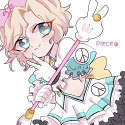 Rule 34 | 1girl, artist request, blonde hair, blue eyes, bow, dress, frilled dress, frilled gloves, frills, gloves, metal gear (series), metal gear solid v: the phantom pain, paz ortega andrade, peace symbol, pink bow, puffy short sleeves, puffy sleeves, ribbon, short hair, short sleeves, simple background, smile, solo, staff, v, white background, yellow bow, yellow ribbon