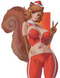 1girl animal_ears bare_shoulders bikini breasts breasts_apart brown_eyes brown_gloves brown_hair bustier christmas commentary covered_groin cowboy_shot elbow_gloves english_commentary fur-trimmed_collar fur_trim gloves gluteal_fold hat highleg highleg_bikini highres large_breasts leggings looking_at_viewer marvel_rivals melowh midriff mini_hat mini_santa_hat navel paid_reward_available parted_lips patreon_username raised_eyebrow red_bustier red_leggings santa_hat short_hair side-tie_bikini_bottom skindentation smile solo squirrel_ears squirrel_girl squirrel_girl_(marvel) squirrel_tail standing swept_bangs swimsuit tail thighs tight_clothes v variant_set white_background white_stripes wide_hips