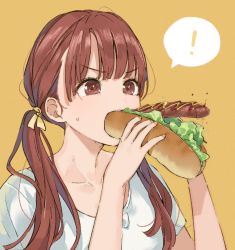 Rule 34 | !, 1girl, collarbone, eating, food, highres, hot dog, long hair, nail polish, original, portrait, red eyes, red hair, sako (35s 00), sausage, solo, spoken exclamation mark, twintails, v-shaped eyebrows, yellow background, yellow nails
