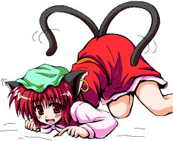 Rule 34 | 1girl, animal ears, blush, cat ears, cat girl, cat tail, chen, female focus, happy, hat, nagana sayui, oekaki, red eyes, red hair, simple background, skirt, smile, solo, tail, top-down bottom-up, touhou, white background