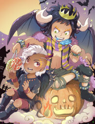 Rule 34 | 0aoiurn0, 2boys, aged down, angel wings, bare arms, black footwear, black hair, black shirt, black wings, boots, bracelet, candy, dark-skinned male, dark skin, demon tail, dragon wings, eating, food, full body, full moon, green shorts, grey shorts, halloween, highres, holding, holding candy, holding food, holding lollipop, horns, huge moon, jack-o&#039;-lantern, jewelry, kaidou (one piece), king (one piece), lollipop, looking at another, male focus, moon, multiple boys, one piece, open clothes, open mouth, pumpkin, purple background, purple sky, red bracelet, red shorts, scarf, shirt, short hair, short sleeves, shorts, sitting, sky, sleeveless, sleeveless jacket, smile, spiked bracelet, spiked footwear, spikes, striped clothes, striped scarf, swirl lollipop, tail, v-shaped eyebrows, white hair, white horns, wings