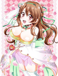 Rule 34 | 1girl, :d, argyle, argyle background, argyle clothes, bare shoulders, breasts, brown eyes, brown hair, buttons, cleavage, covered erect nipples, cowboy shot, detached collar, dress, elbow gloves, flower knight girl, gloves, green ribbon, hair ribbon, highres, jacket, large breasts, long hair, looking at viewer, masako (sabotage-mode), nazuna (flower knight girl), open mouth, panties, pink background, pink skirt, ribbon, see-through, skirt, smile, solo, strapless, strapless dress, thighhighs, underwear, white gloves, white thighhighs