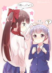 Rule 34 | 10s, 2girls, :3, ?, absurdres, bad id, bad pixiv id, blue eyes, brown hair, emoticon, hair ornament, hair ribbon, hand on another&#039;s head, headpat, highres, long hair, multiple girls, new game!, ponytail, purple eyes, purple hair, ribbon, shiso azuki, spoken expression, spoken question mark, suzukaze aoba, sweatdrop, takimoto hifumi, translated, twintails, twitter username