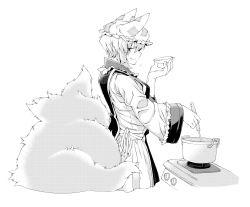 Rule 34 | 1girl, :q, closed mouth, cooking, fox tail, from side, greyscale, hat, highres, holding, ladle, looking at viewer, mob cap, monochrome, pot, saucer, short hair, simple background, solo, stove, tabard, tail, tongue, tongue out, touhou, white background, yakumo ran, zawa (zawzawranran2)