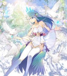 Rule 34 | 1girl, ajahweea, bare shoulders, bird, blue eyes, blue hair, breasts, cleavage, crown, crystal, dress, flower, flying, gem, hair ornament, highres, jewelry, lake, long hair, looking at viewer, necklace, open mouth, original, ornate, ornate clothing, outdoors, palace, pale skin, petals, plant, smile, solo, thighhighs, vines, water, waterfall, white dress, white thighhighs, zettai ryouiki