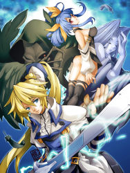 Rule 34 | 1boy, 1girl, ass, asymmetrical wings, back-to-back, blue eyes, blue hair, breasts, covered erect nipples, detached sleeves, dizzy (guilty gear), electricity, feahers, feathers, guilty gear, guilty gear x, guilty gear xrd, guilty gear xx, hair ribbon, hair rings, highres, hukuhuku, ky kiske, long hair, medium breasts, necro (guilty gear), over-kneehighs, perky breasts, ponytail, red eyes, ribbon, sword, thighhighs, two side up, undine (guilty gear), weapon, wings