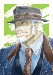 Rule 34 | 1boy, amatsumara (housamo), artist name, bara, beard, border, brown necktie, facial hair, fedora, formal, goatee, green background, hat, kumagamike, long sideburns, male focus, mature male, muscular, muscular male, necktie, old, old man, outside border, scar, scar across eye, scar on face, short hair, sideburns, simple background, smile, solo, striped suit, suit, tokyo houkago summoners, white border