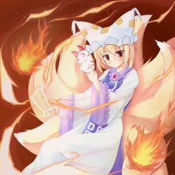 Rule 34 | 1girl, animal hat, aura, blonde hair, blush, breasts, brooch, closed mouth, commentary request, dress, eyes visible through hair, feet out of frame, fire, fox mask, fox tail, frilled hat, frilled sleeves, frills, hat, highres, holding, holding mask, jewelry, large breasts, leaning back, light blush, long dress, long sleeves, looking at viewer, mask, mob cap, multiple tails, ofuda, mob cap, red background, short hair, simple background, solo, tabard, tail, tassel, touhou, white dress, wide sleeves, yakumo ran, yellow eyes, yuka (lozdead)