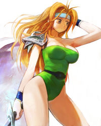 Rule 34 | 1990s (style), 1girl, adjusting hair, armor, armpits, bare shoulders, belt, blonde hair, blue eyes, bracelet, breasts, cape, celes chere, cleavage, contrapposto, cowboy shot, expressionless, final fantasy, final fantasy vi, from side, groin, hand up, headband, highleg, highleg leotard, holding, holding sword, holding weapon, jewelry, kodama yuuki, large breasts, leotard, long hair, looking to the side, pauldrons, retro artstyle, shoulder armor, shoulder pads, simple background, solo, standing, straight neck, strapless, strapless leotard, sword, thighs, very long hair, weapon, white background