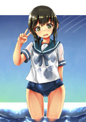 Rule 34 | 1girl, black hair, blue sailor collar, blue sky, border, breasts, cowgirl position, fubuki (kancolle), gluteal fold, hair between eyes, highres, kantai collection, looking at viewer, low ponytail, neckerchief, ocean, open mouth, outdoors, ponytail, sailor collar, school swimsuit, school uniform, see-through, serafuku, short ponytail, sky, small breasts, smile, solo, straddling, swimsuit, swimsuit under clothes, unomi, v, wading, water, wet, wet clothes, white border, yellow eyes